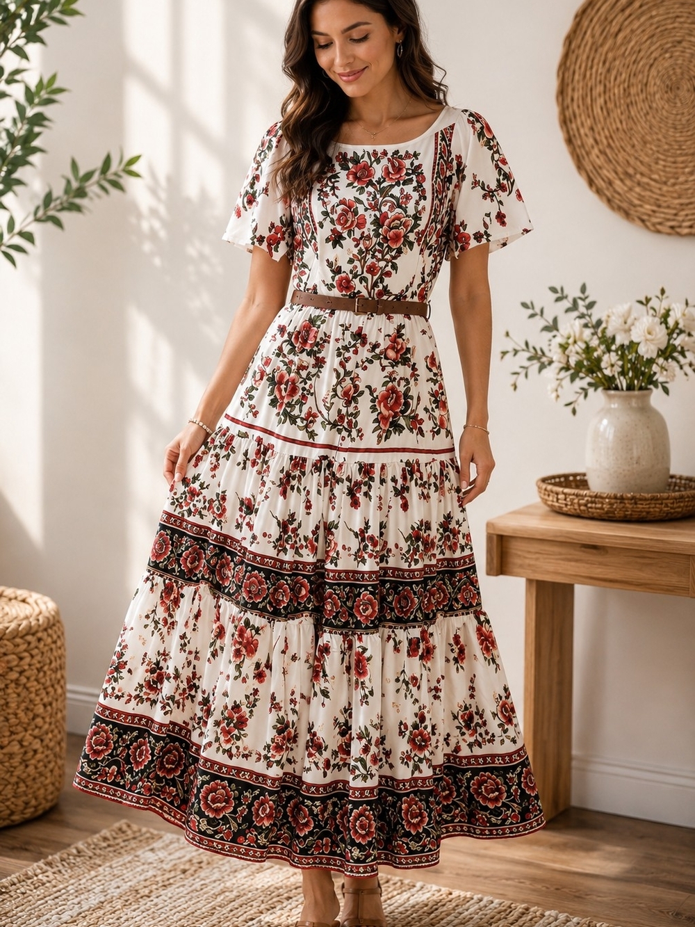 NWOT Boutique Floral Tiered Maxi Dress in White and Rose Sz M